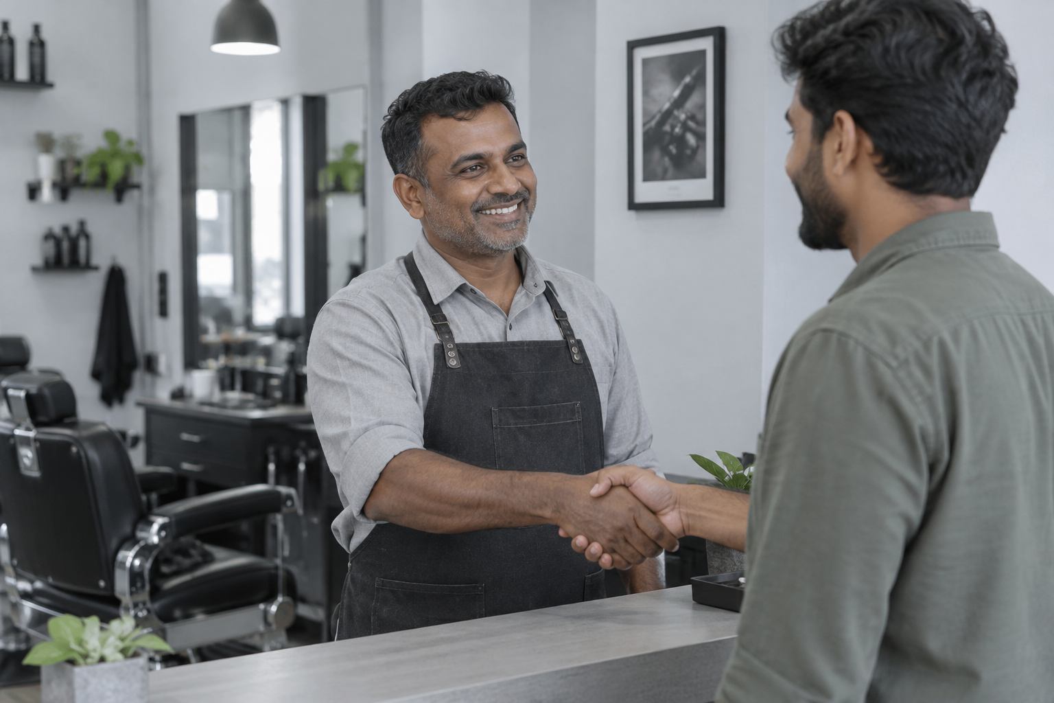 Male barbershop owner warmly welcoming a male customer