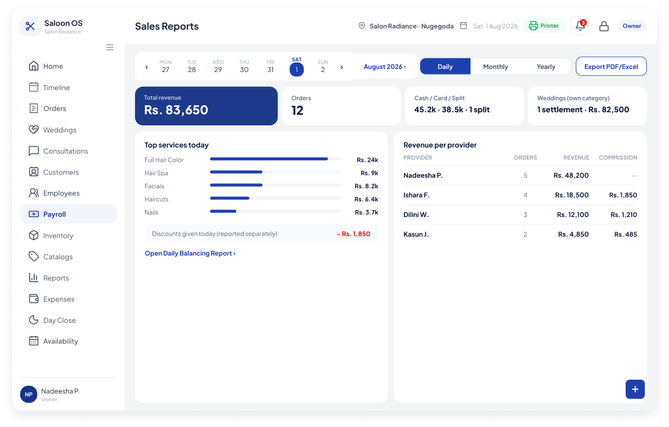 Original sales reports screen with service rankings, revenue by provider and export controls