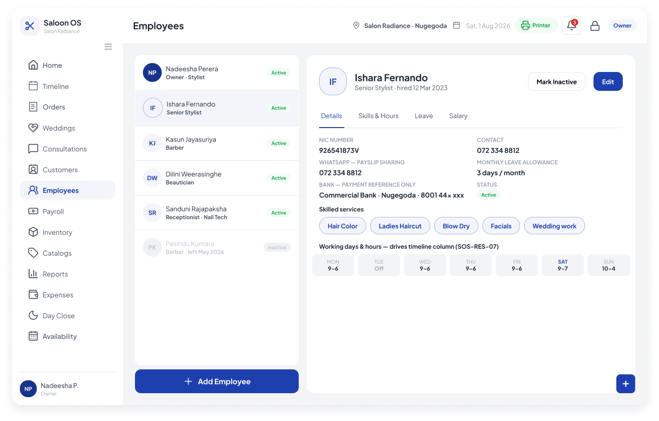 Original employee profile with skills, working hours, leave and salary tabs