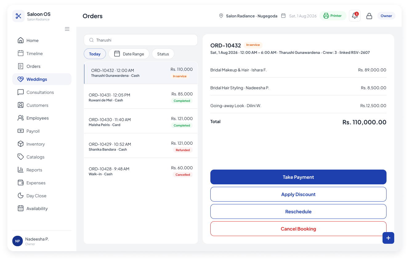 Original wedding order showing bridal services, providers, total and payment actions