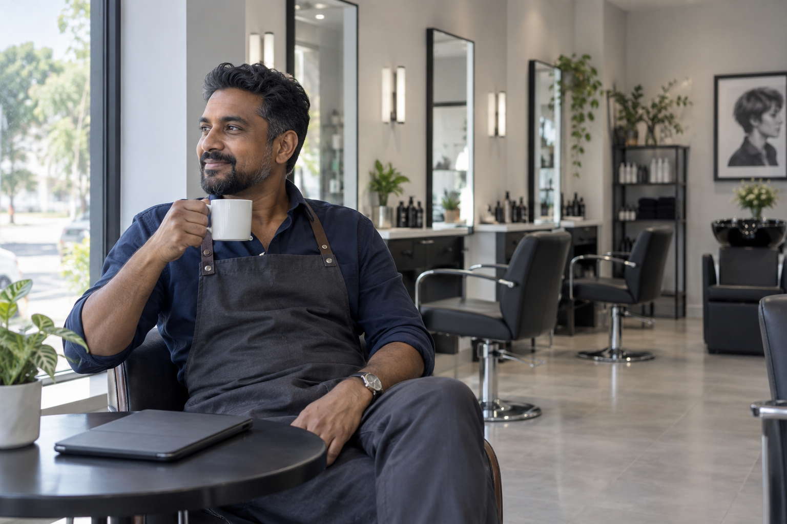 Male salon owner enjoying tea by the window after work