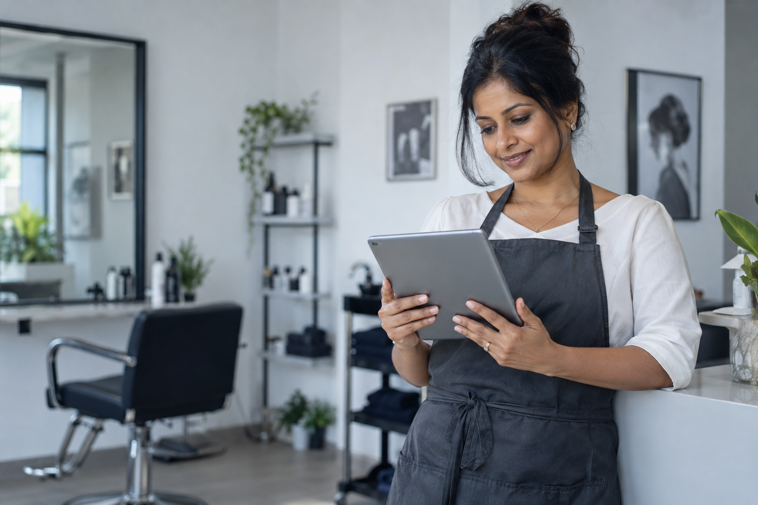Salon owner using a tablet in a bright, contemporary salon