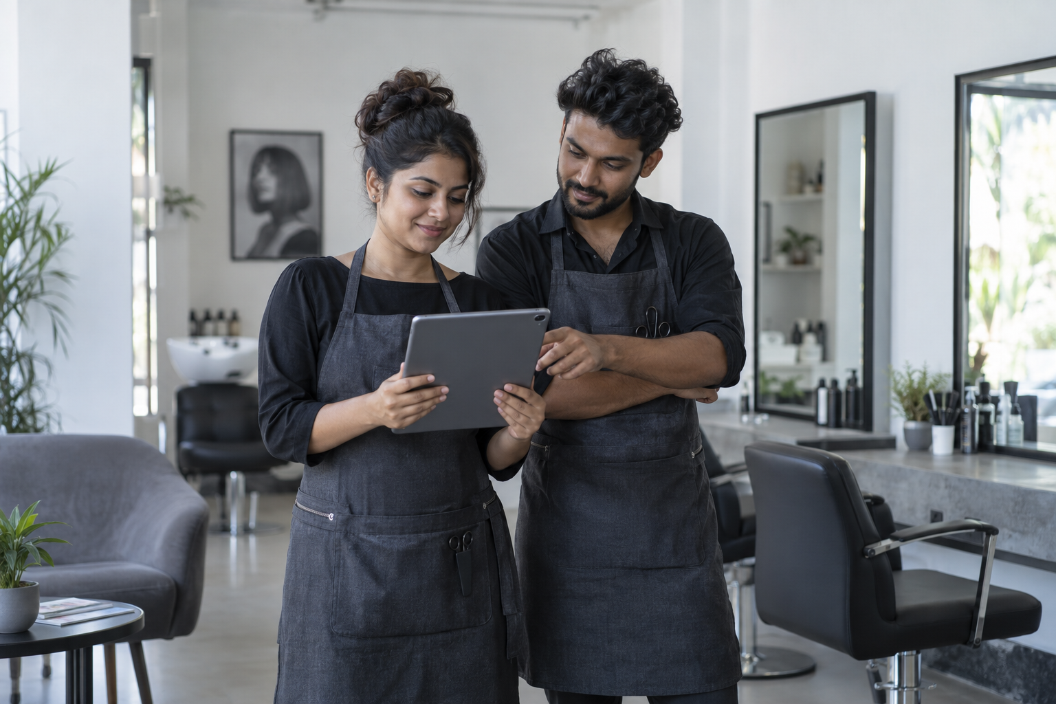 Salon owner and stylist reviewing a tablet together